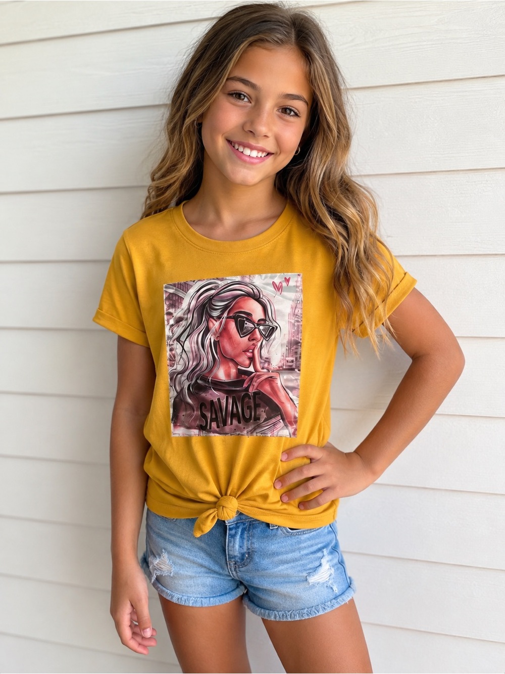 Girls Graphic Tee “Savage” Knot Front Mustard Yellow Size 10/12 Trendy Top